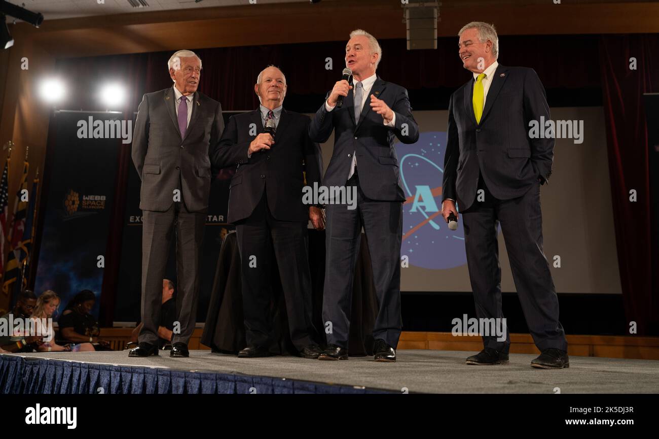 Rep. Steny Hoyer, D-Md, left, Sen. Ben Cardin, D-Md., second from left, and Rep. David Trone, D-Md, right, are seen as Sen. Chris Van Hollen, D-Md., second from right, delivers remarks ahead of the release of the first images from NASA’s James Webb Space Telescope, Tuesday, July 12, 2022, at NASA’s Goddard Space Flight Center in Greenbelt, Md.  The first full-color images and spectroscopic data from the James Webb Space Telescope, a partnership with ESA (European Space Agency) and the Canadian Space Agency (CSA), are a demonstration of the power of Webb as the telescope begins its science miss Stock Photo