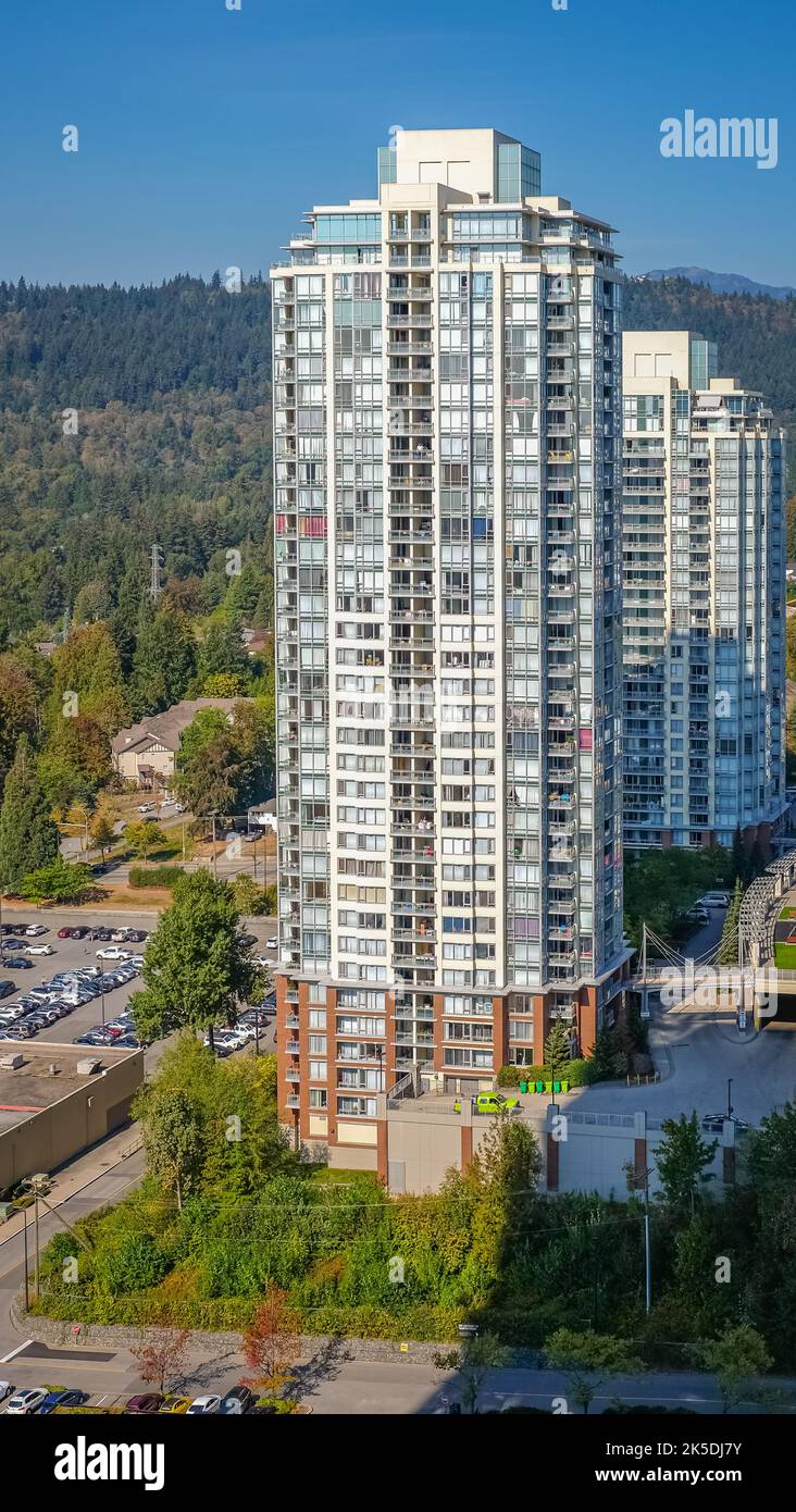 Aerial view of Coquitlam residential apartment buildings. Taken in Greater Vancouver, British Columbia, Canada. Travel photo, nobody-October 1,2022 Stock Photo