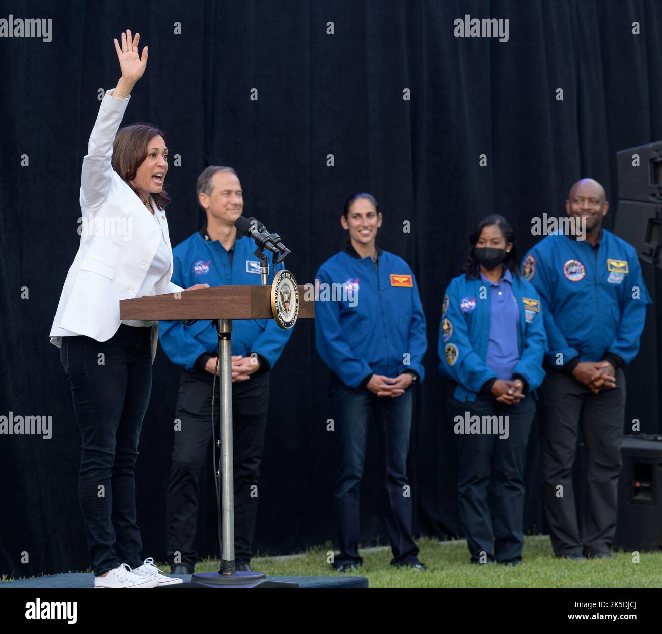 Vice President Kamala Harris gives remarks as NASA astronauts Tom