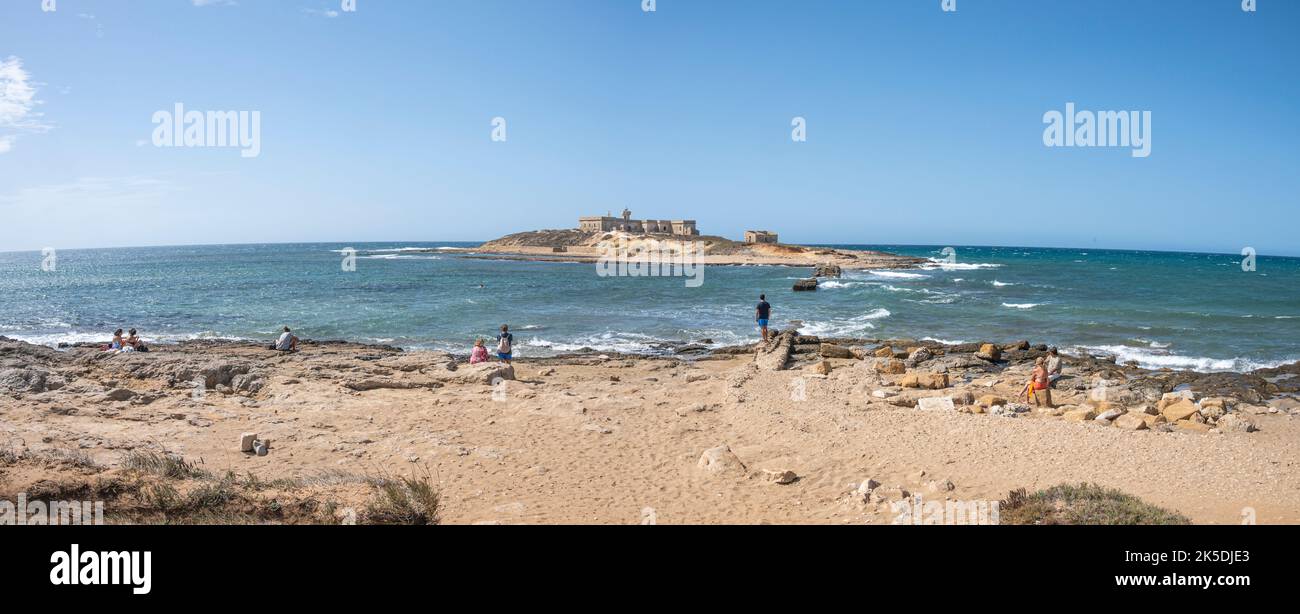 Portopalo, Italy: 09-15-2022: Extra wide view of the Island of the ...