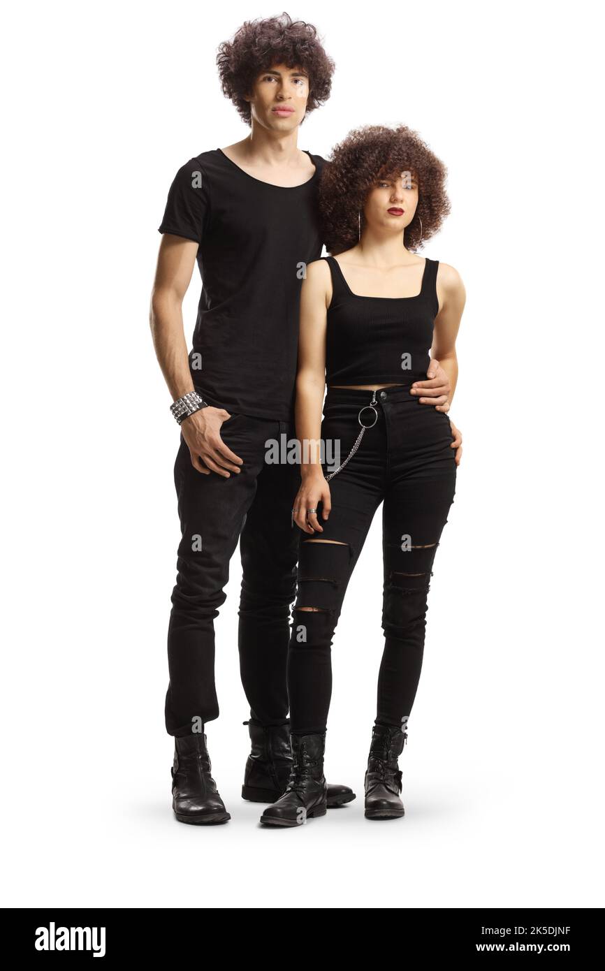 Full length portrait of a trendy young couple in black clothes isolated on white background Stock Photo