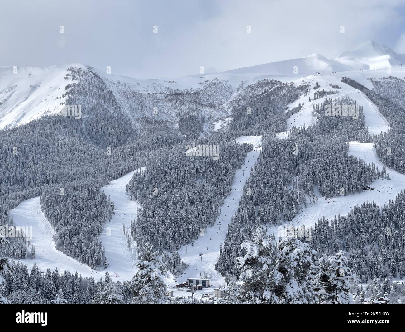 View of the ski slopes on the mountain. Stock Photo
