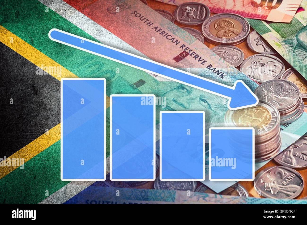 Economy Chart: Downward Arrow, South African Flag and South African Rand Cash Notes and Coins Stock Photo