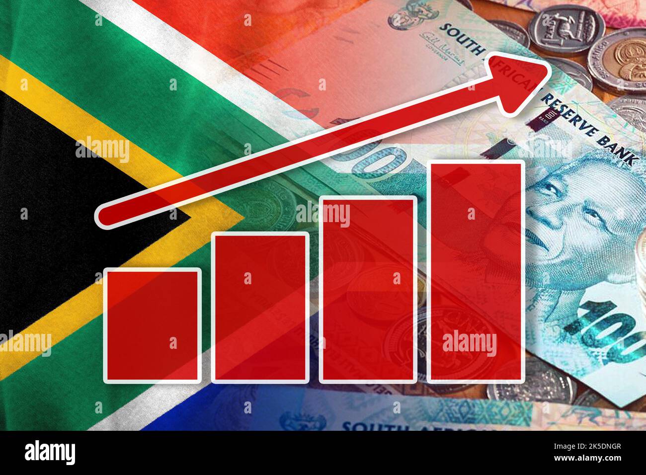 Economy Chart: Upward Arrow, South African Flag and South African Rand Cash Notes and Coins Stock Photo