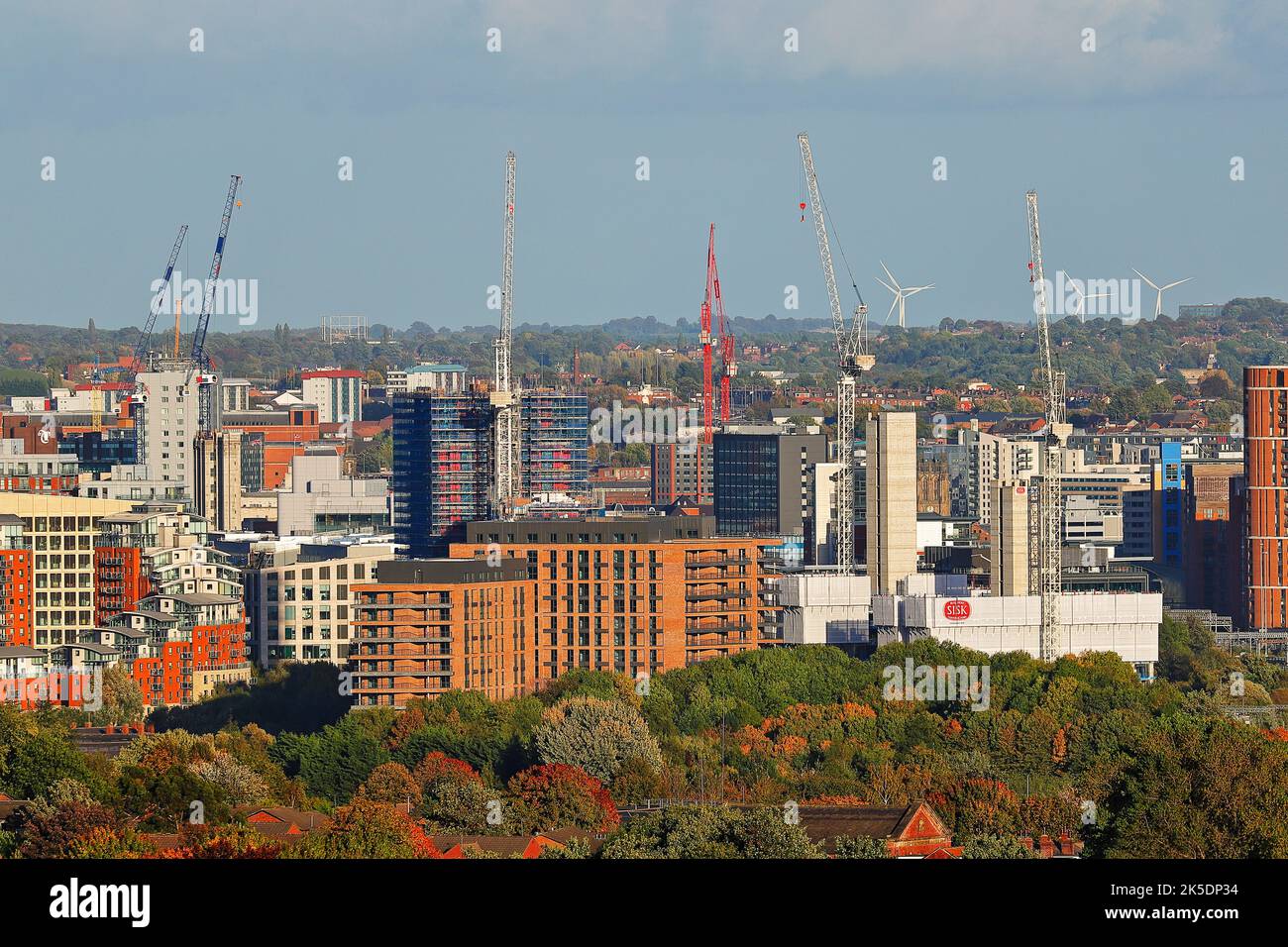 A view of Leeds City Centre with tower cranes from various developments