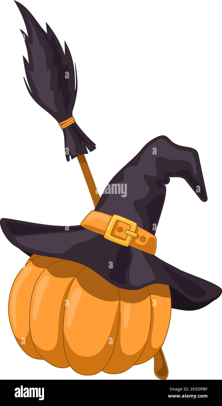 Pumpkin in a magic hat with broom Stock Vector
