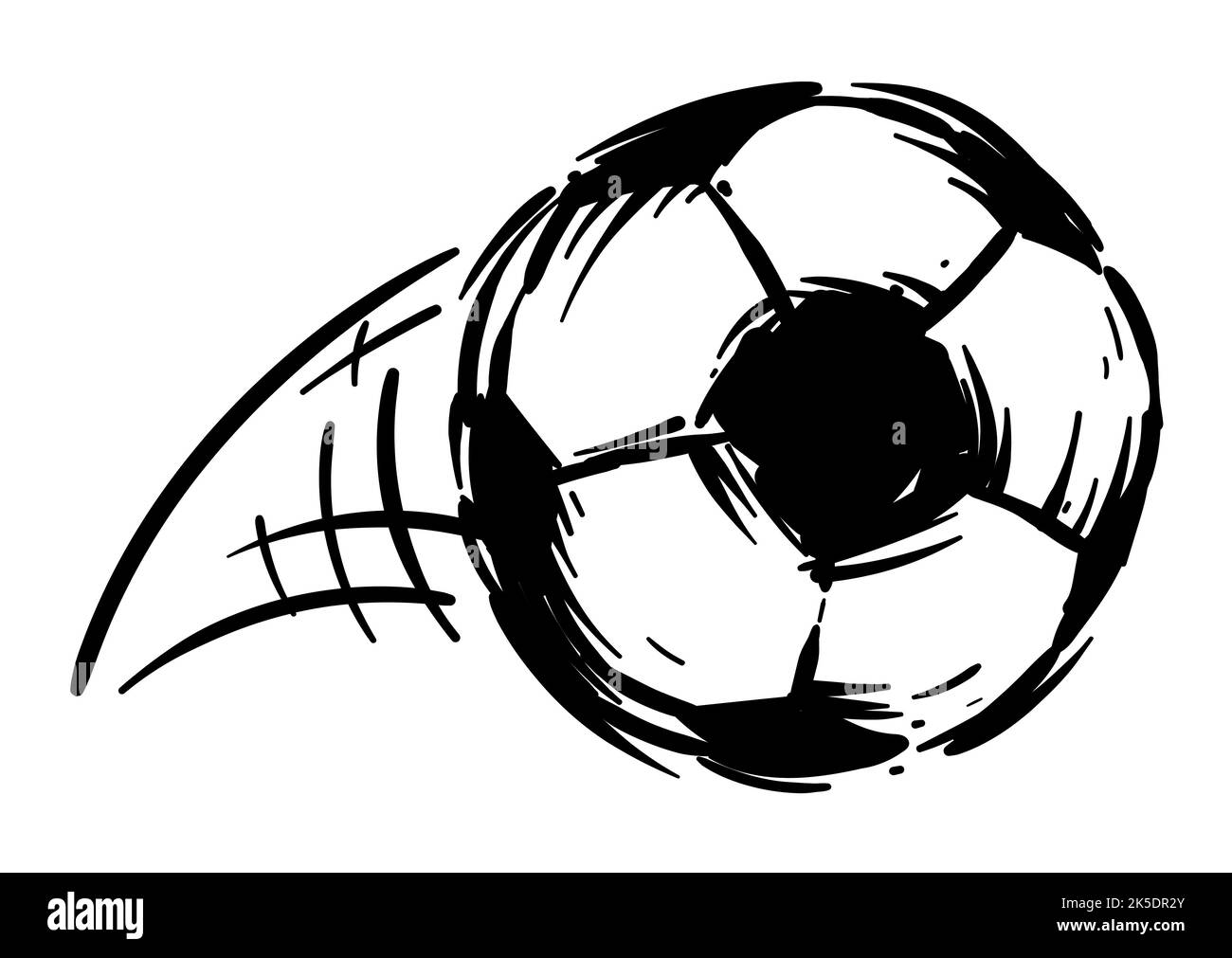 Thrown soccer ball with speed lines in hand drawn style over white