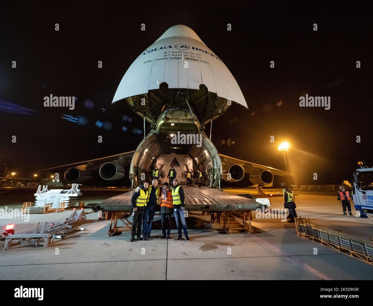 Orion's European Service Module is loaded on the Antonov airplane in Bremen, Germany on Nov. 5, 2018 for transport to Kennedy Space Center...For the first time, NASA will use a European-built system as a critical element to power an American spacecraft, extending the international cooperation of the International Space Station into deep space. The European Service Module is a unique collaboration across space agencies and industry including ESA’s prime contractor, Airbus, and 10 European countries. The completion of service module work in Europe and shipment to Kennedy signifies a major milest Stock Photo