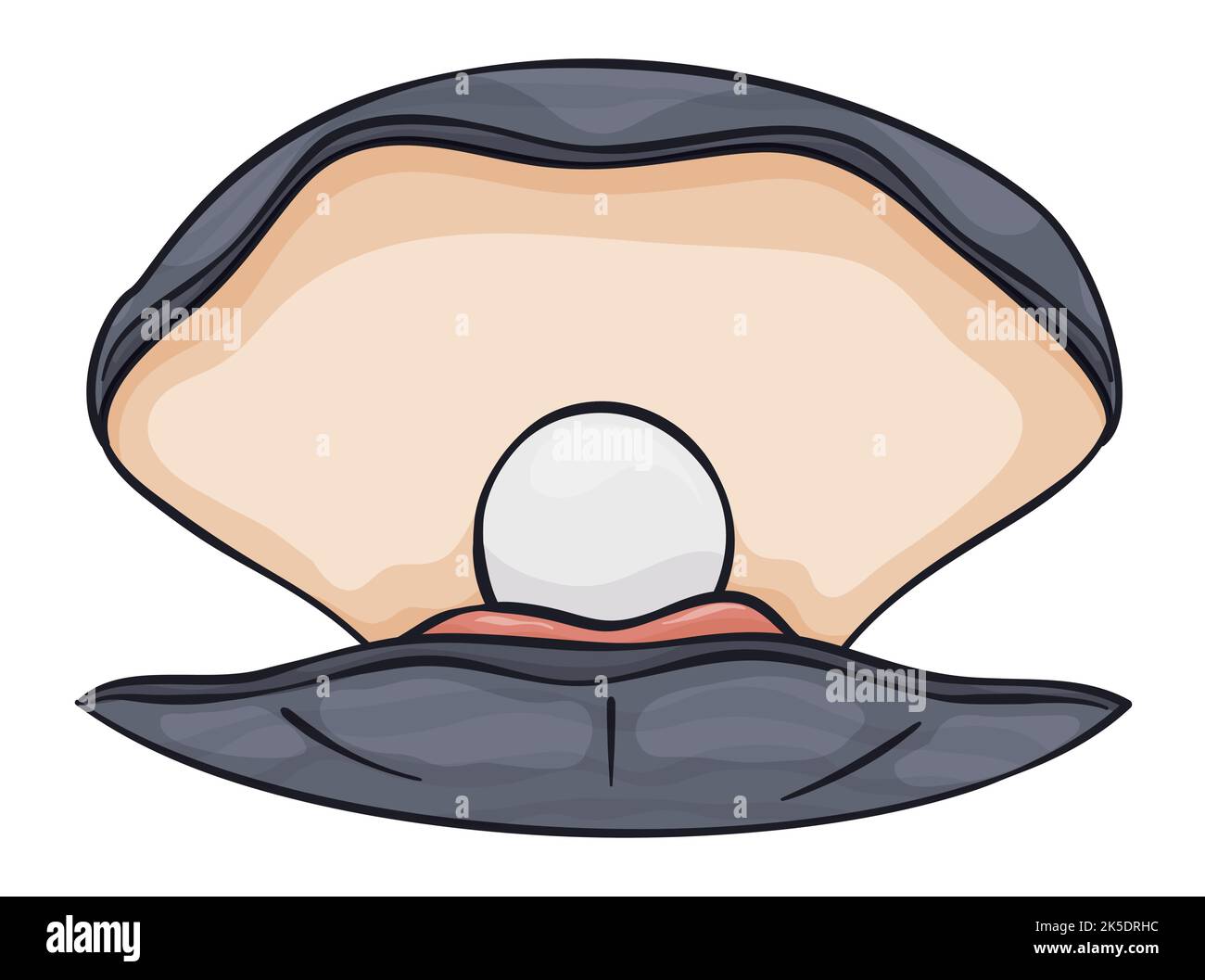 Oyster with open shell and shining pearl inside of it in cartoon style and white background. Stock Vector