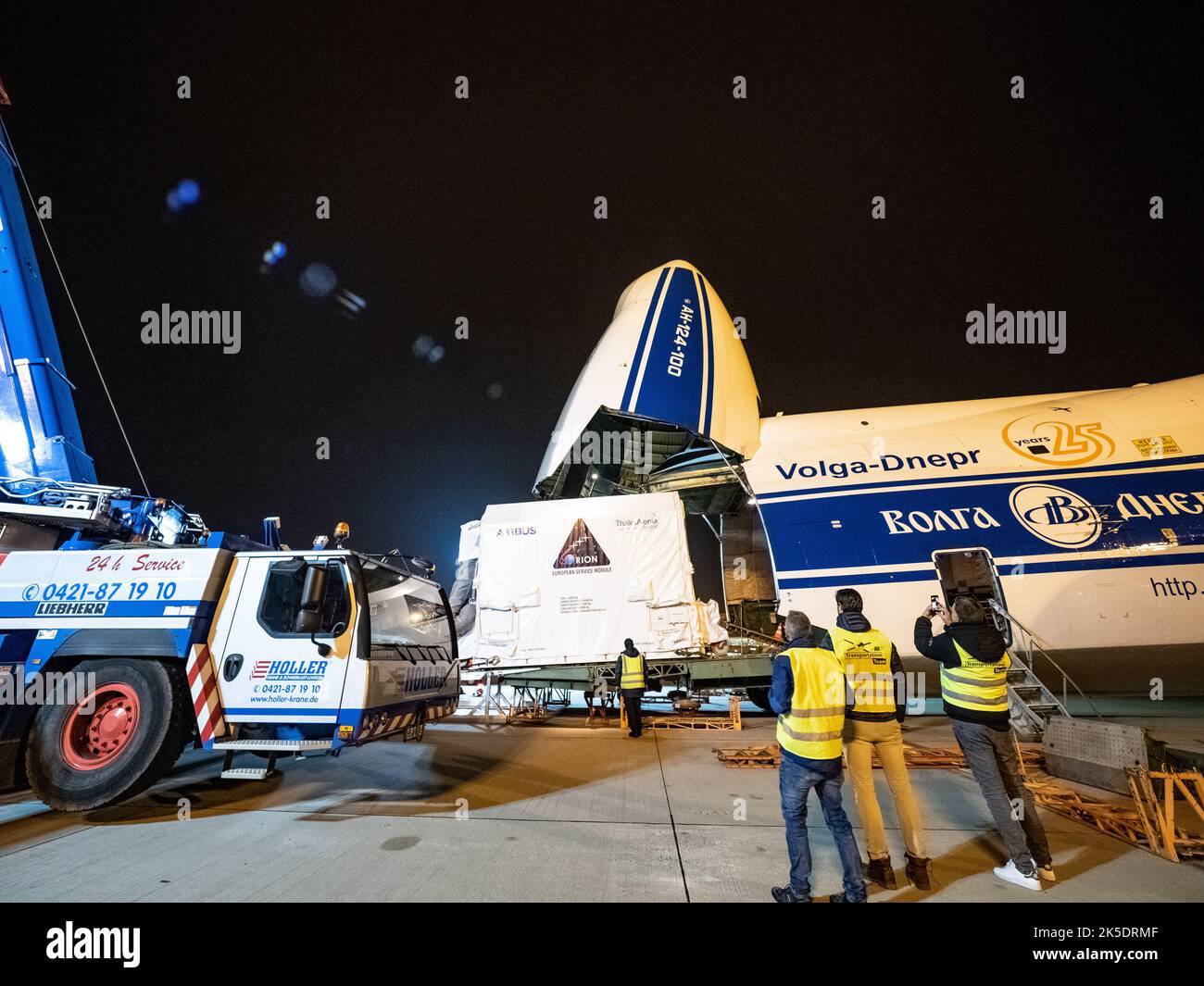 Orion's European Service Module is loaded on the Antonov airplane in Bremen, Germany on Nov. 5, 2018 for transport to Kennedy Space Center...For the first time, NASA will use a European-built system as a critical element to power an American spacecraft, extending the international cooperation of the International Space Station into deep space. The European Service Module is a unique collaboration across space agencies and industry including ESA’s prime contractor, Airbus, and 10 European countries. The completion of service module work in Europe and shipment to Kennedy signifies a major milest Stock Photo