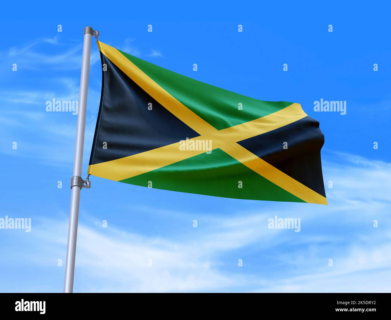 Beautiful Jamaica flag waving in the wind with sky background - 3D illustration - 3D render Stock Photo