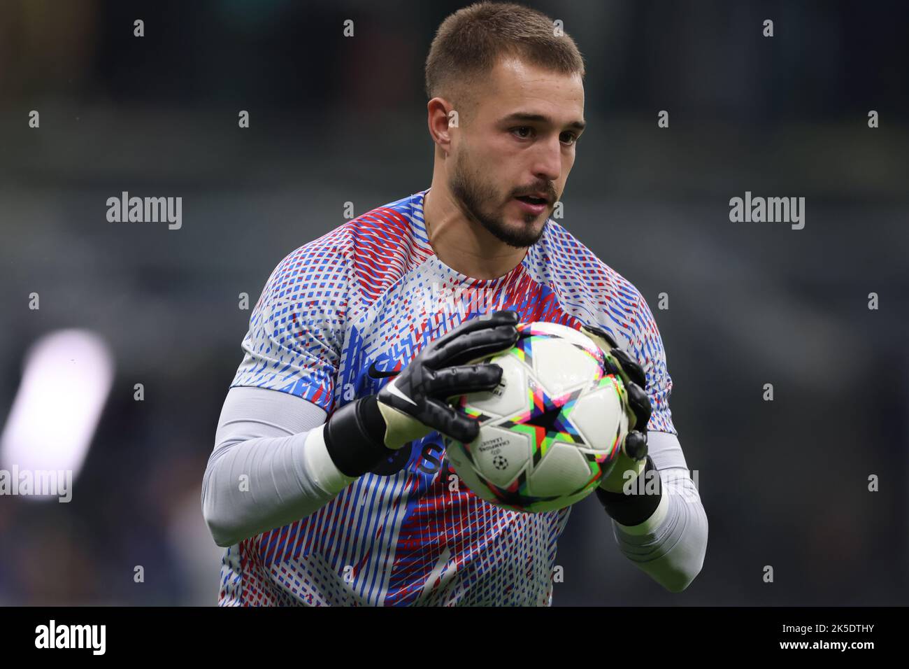 Milan, Italy, 4th October 2022. Arnau Tenas of FC Barcelona during the warm up prior to the UEFA Champions League Group C match at Giuseppe Meazza, Milan. Picture credit should read: Jonathan Moscrop / Sportimage Stock Photo