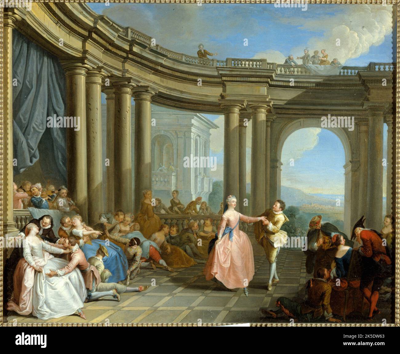 Le menuet, 18th century. The Minuet. Baroque dance, popular at the court of Louis XIV. Musicians, dancers and commedia dell'arte characters. The setting influenced by 'A Feast held in a Circular Portico of the Ionic Order' by Giovanni Paolo Panini. Stock Photo