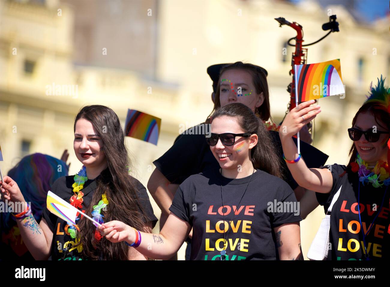 Brighton & Hove Pride Festival, Brighton & Hove, East Sussex, England. Participants in the passing parade. LOVE Stock Photo
