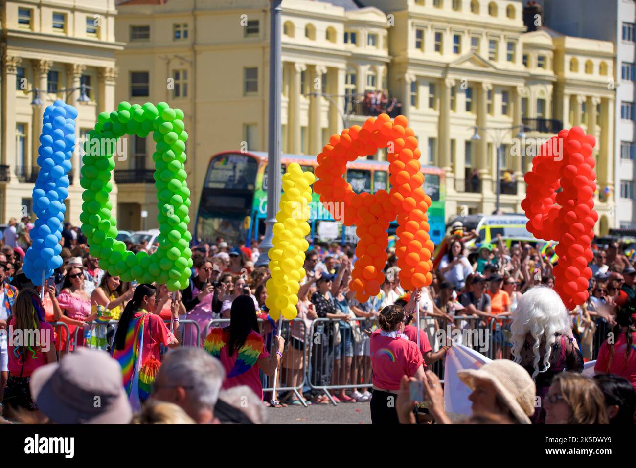 Brighton & Hove Pride Festival, Brighton & Hove, East Sussex, England. Balloon display as part of the parade. Brunswick Terrace in the background. Stock Photo