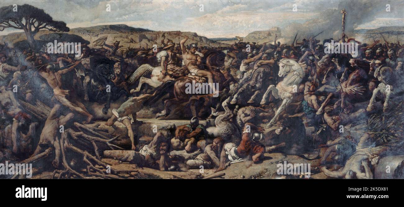 La bataille de Cannes, 1863. Battle of Cannae. Episode of the 2nd Punic War which took place on 2 August 216 BC in the Puglia region (Italy). Victory of Hannibal Barca and Carthaginian army over the Romans. Stock Photo