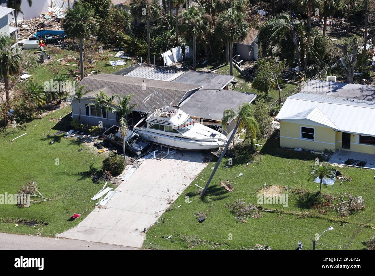 Ft. Myers, FL, USA. 7th Oct, 2022. Aerial view of Fort Myers Beach destruction days after