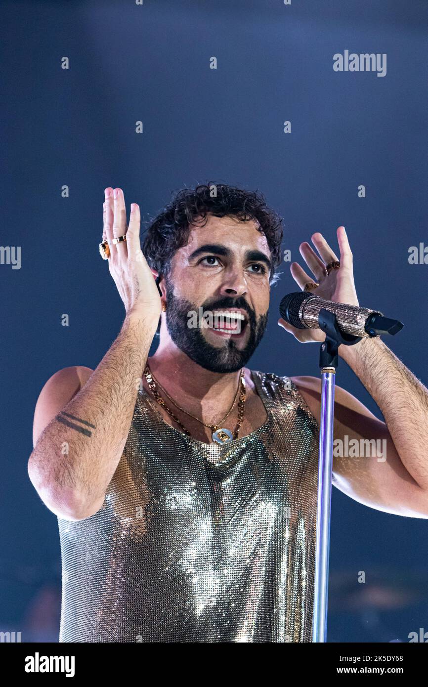 Marco Mengoni performing on stage at Mediolanum Forum in Milan for his Mengoni Live 2022 Stock Photo