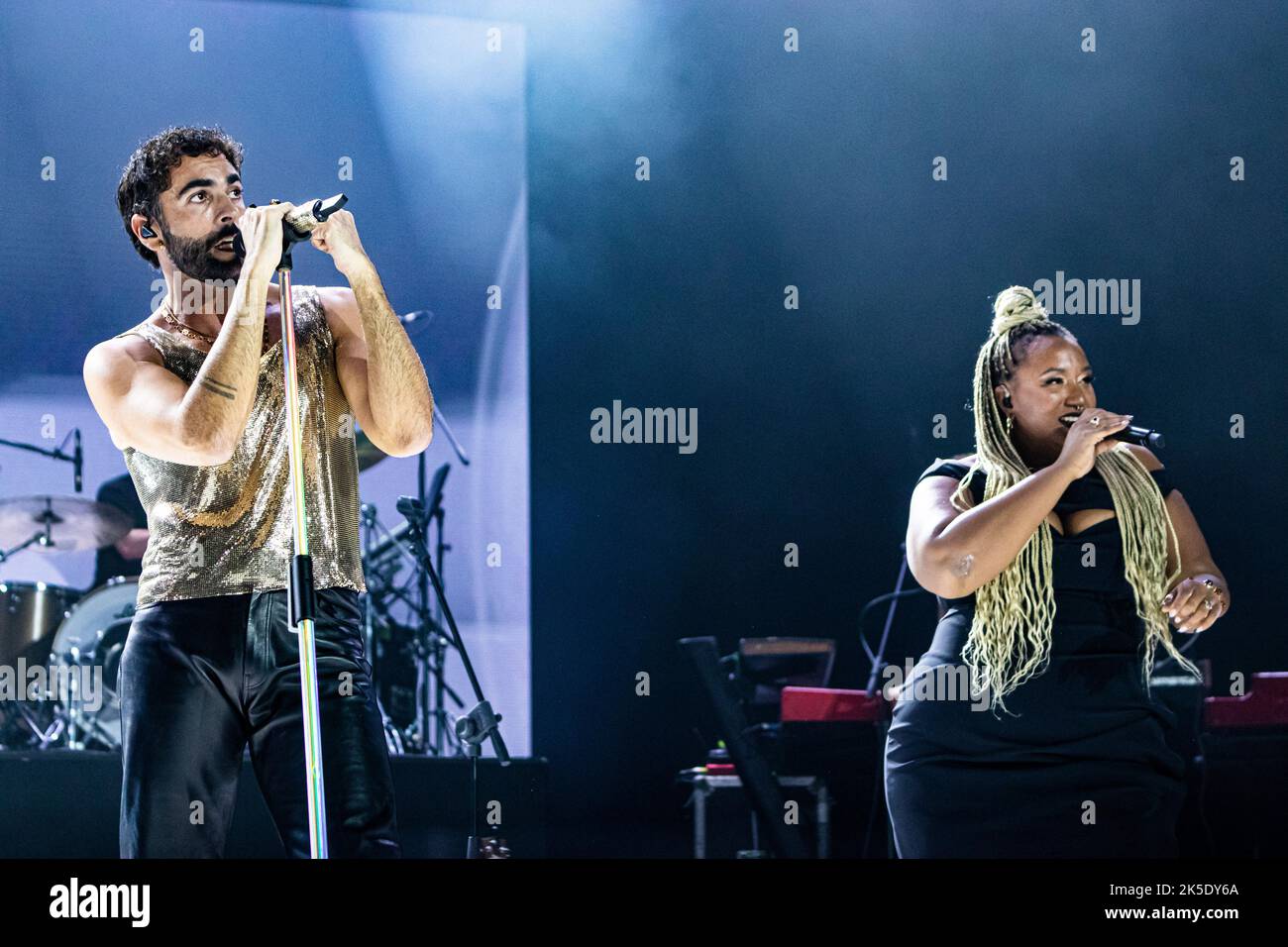 Marco Mengoni performing on stage at Mediolanum Forum in Milan for his Mengoni Live 2022 Stock Photo