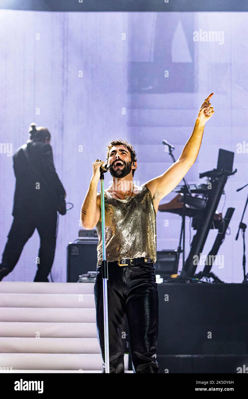 Marco Mengoni performing on stage at Mediolanum Forum in Milan for his Mengoni Live 2022 Stock Photo