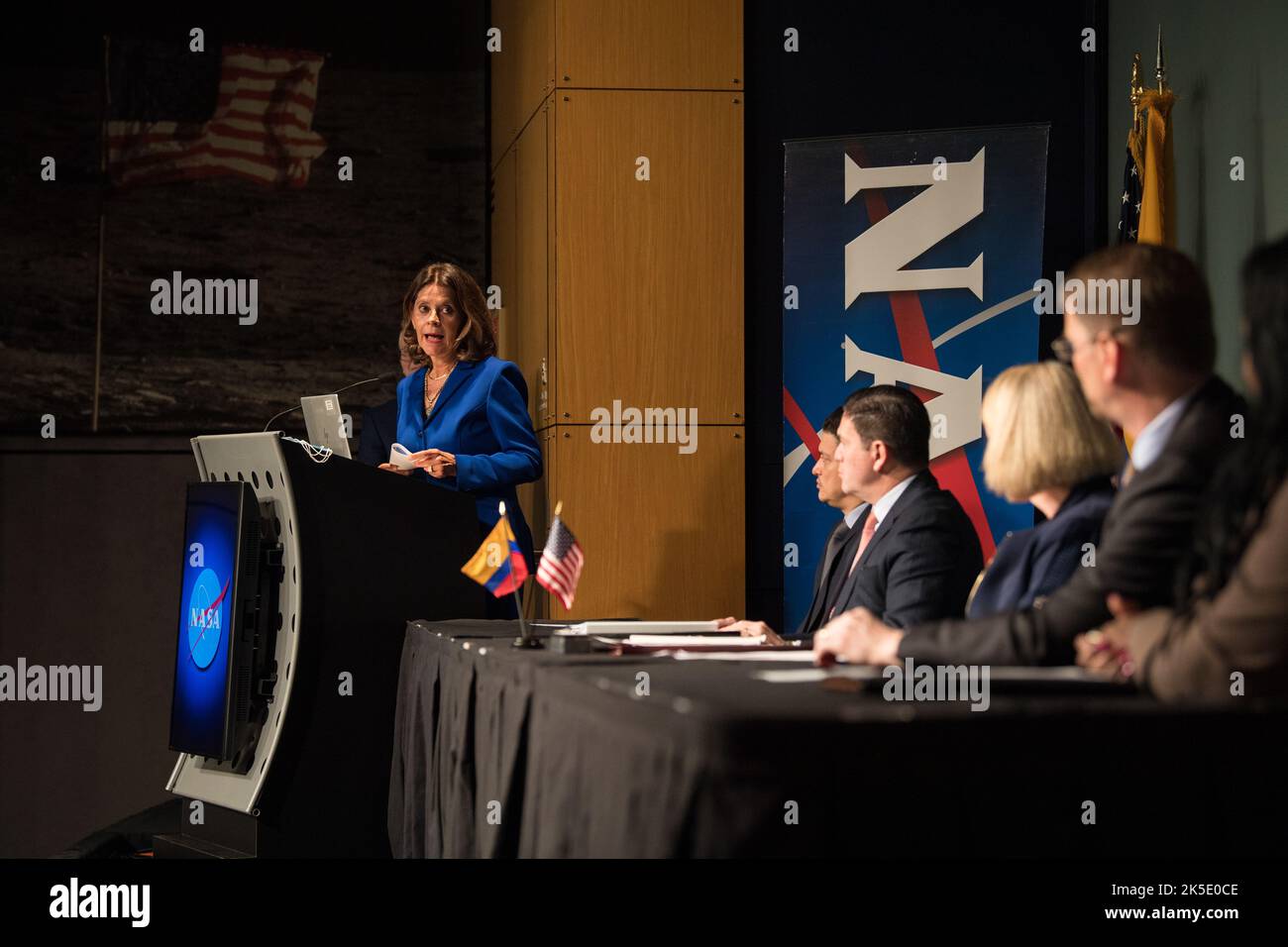 Colombian Vice President and Foreign Minister, Marta Lucía Ramírez, speaks before signing the Artemis Accords, Tuesday, May 10, 2022, at NASA Headquarters in Washington DC. Colombia is the nineteenth country to sign the Artemis Accords, which establish a practical set of principles to guide space exploration cooperation among nations participating in NASA’s Artemis program. Stock Photo
