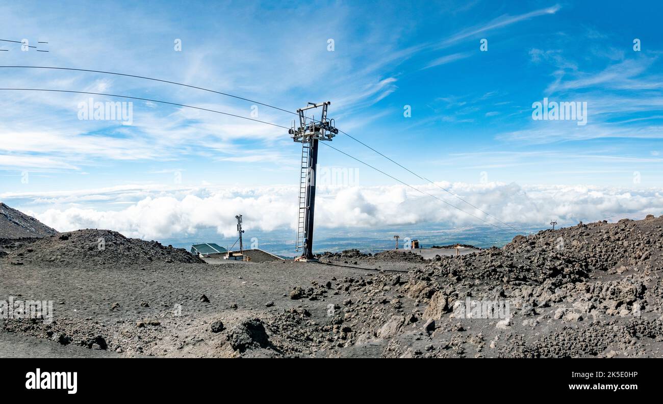 Volcano Cable view to cable car with pylon at the volcano Etna in Sicily, Italy Stock ...
