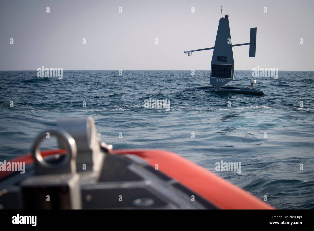 Arabian Gulf, Baharain. 07th Oct, 2022. Arabian Gulf, Baharain. 07 October, 2022. A U.S. Navy Saildrone Explorer unmanned surface vessel sails during exercise Phantom Scope in the Arabian Gulf, October 7, 2022 off the coast of Bahrain. The one-day joint exercise with the U.S and United Kingdom navies combined unmanned and manned vessels. Credit: MCS Roland Franklin/US Navy/Alamy Live News Stock Photo