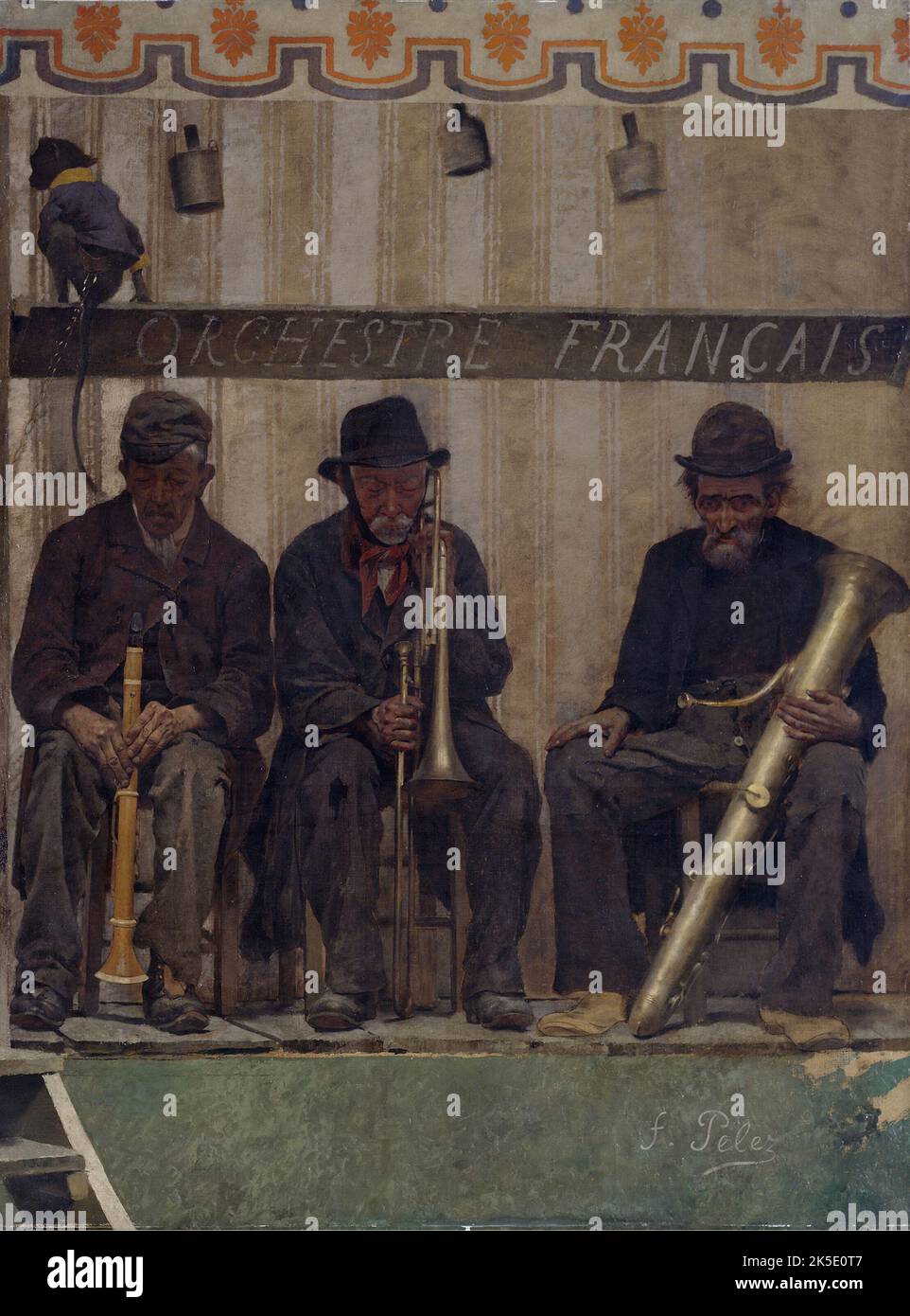 Grimaces et mis&#xe8;re - Les Saltimbanques (les musiciens), 1888. Grimaces and misery. Three old musicians hold their instruments: bombard, trombone and ophicleide. Above their heads a monkey sits on a sign reading: 'French orchestra'. Stock Photo