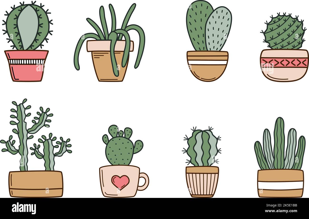 Cute cactus in flower pots set Stock Vector
