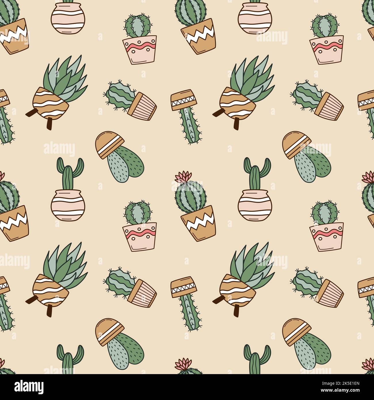Seamless pattern with cute cacti in flower pots Stock Vector