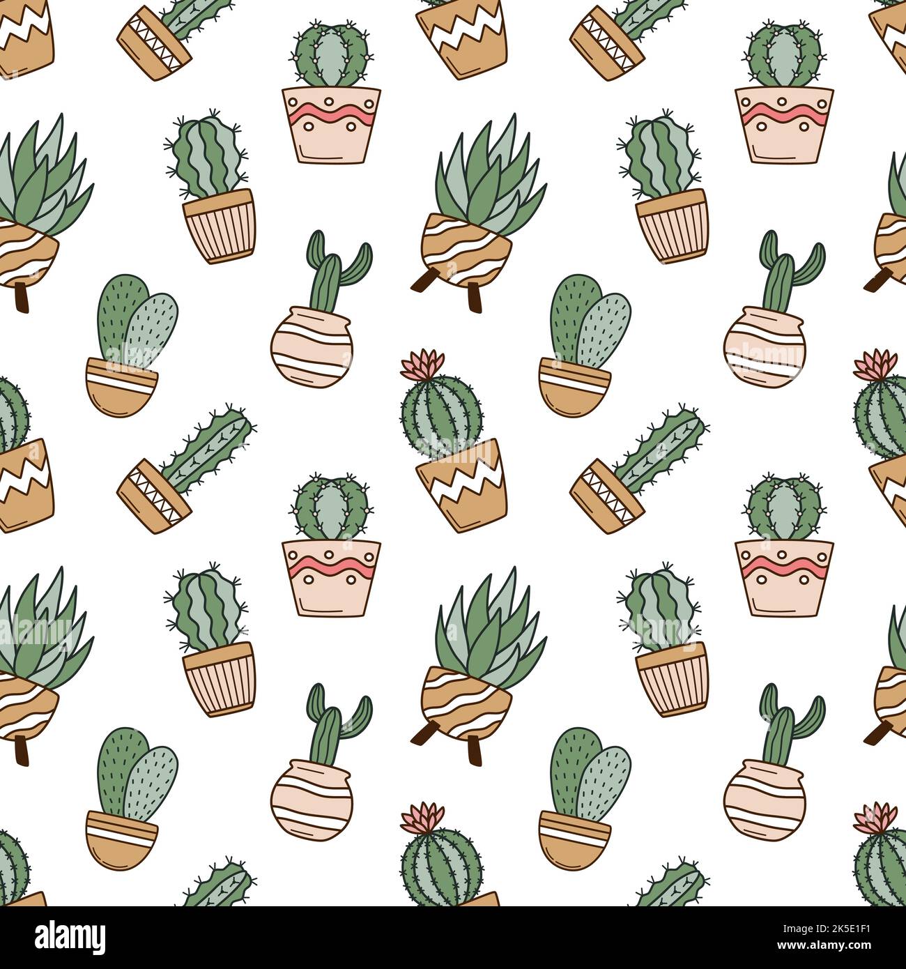 Seamless pattern with cute cacti in flower pots Stock Vector