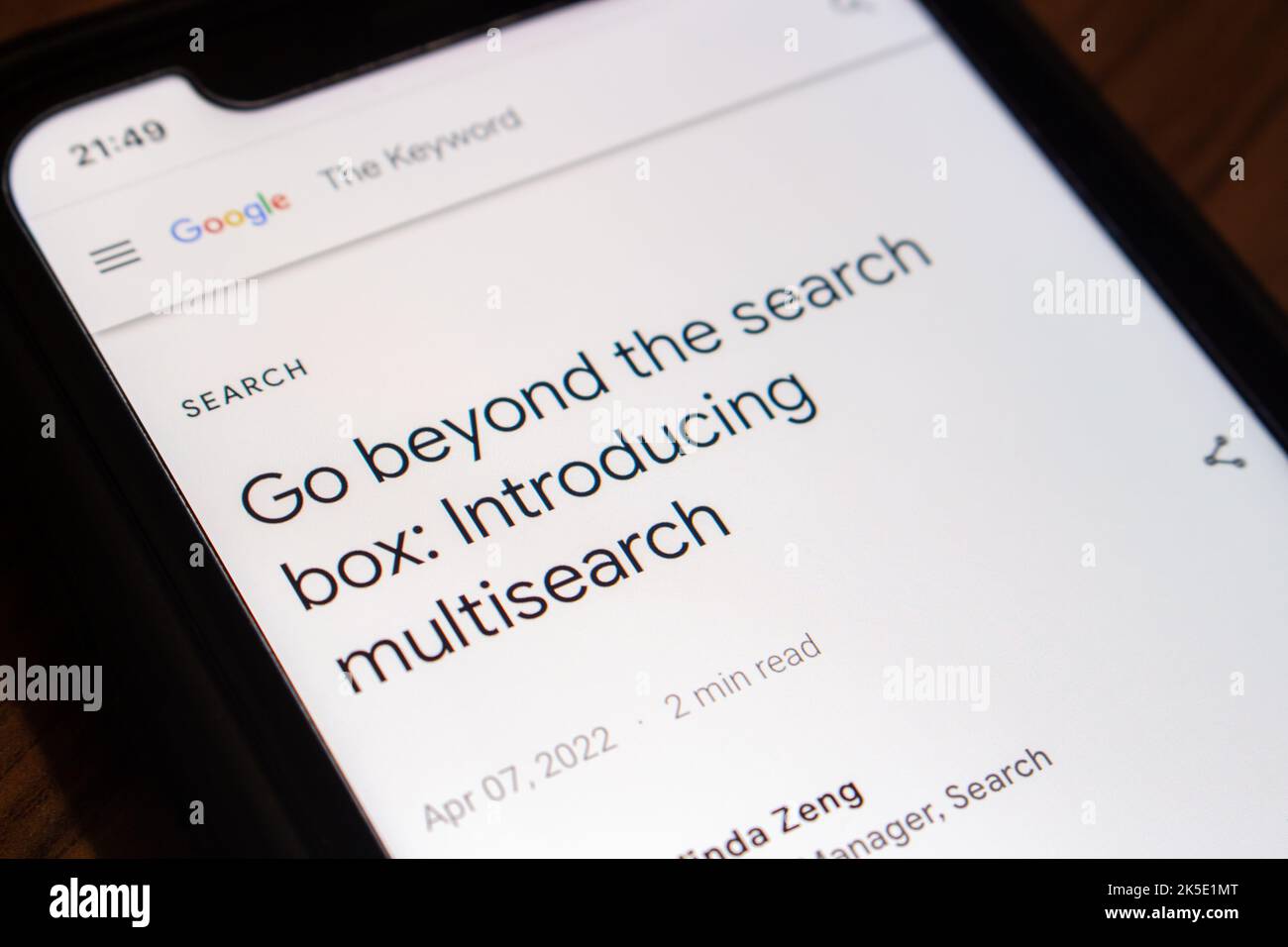 Vancouver, CANADA - Oct 6 2022 : A blog post about Google multisearch in Google blog page on an iPhone. Stock Photo