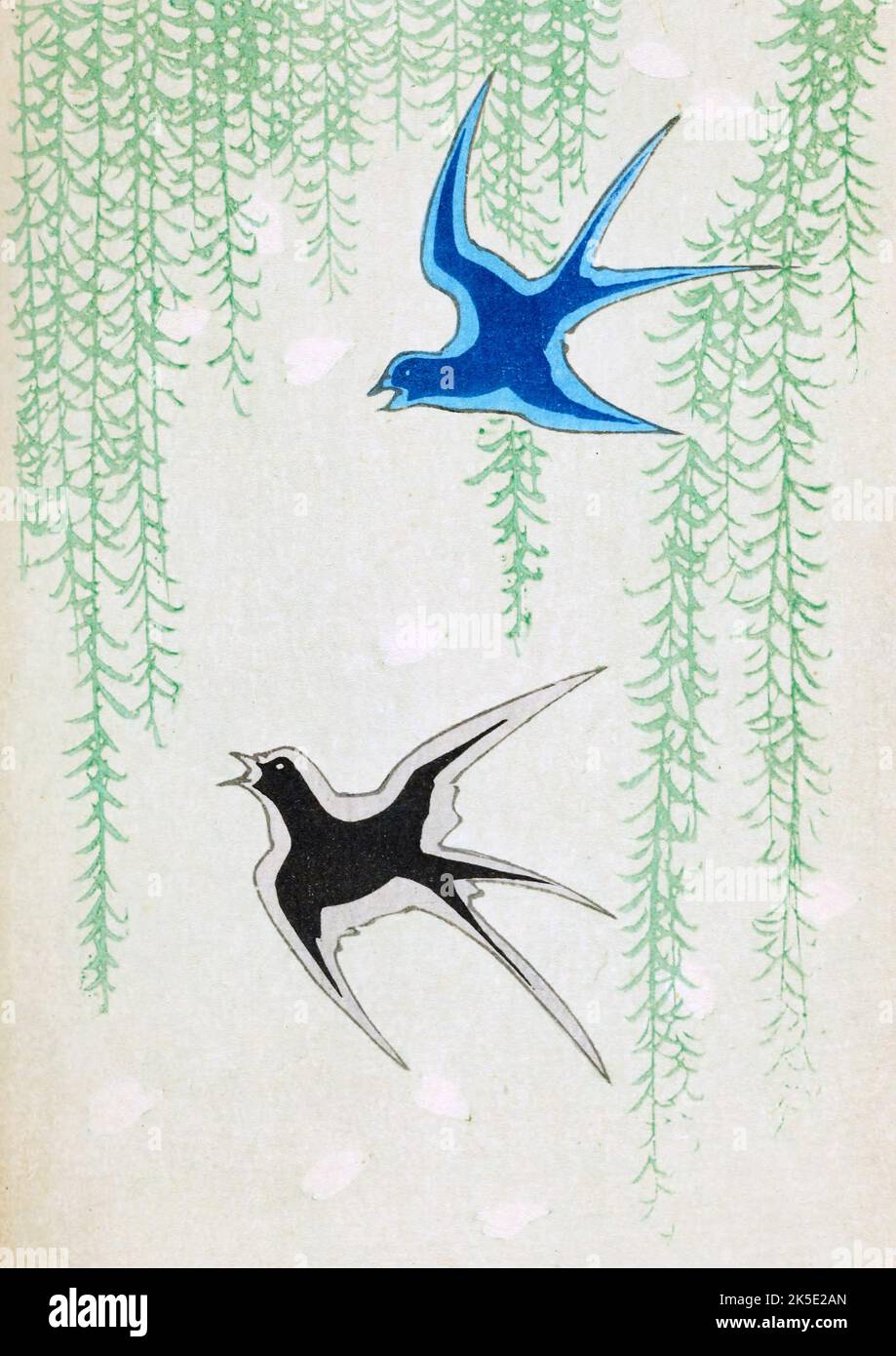 Design with birds and plants. The Japanese language Shin-Bijutsukai design magazine 1901-1902, was edited by illustrator and designer Korin Furuya (1875-1910) and contained the designs of the best artists of the time. A Meji painter, Korin taught at the Municipal School of Arts and Crafts, and was one of the most important woodblock print designers of the time. An optimised and enhanced print from Shin-Bijutsukai Design Magazine, Volume 1. Stock Photo