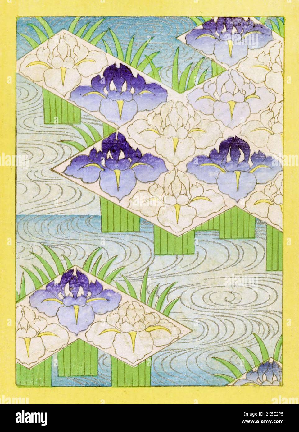 The Japanese language Shin-Bijutsukai design magazine 1901-1902, was edited by illustrator and designer Korin Furuya (1875-1910) and contained the designs of the best artists of the time. A Meji painter, Korin taught at the Municipal School of Arts and Crafts, and was one of the most important woodblock print designers of the time. An optimised and enhanced print from Shin-Bijutsukai Design Magazine, Volume 1. Stock Photo