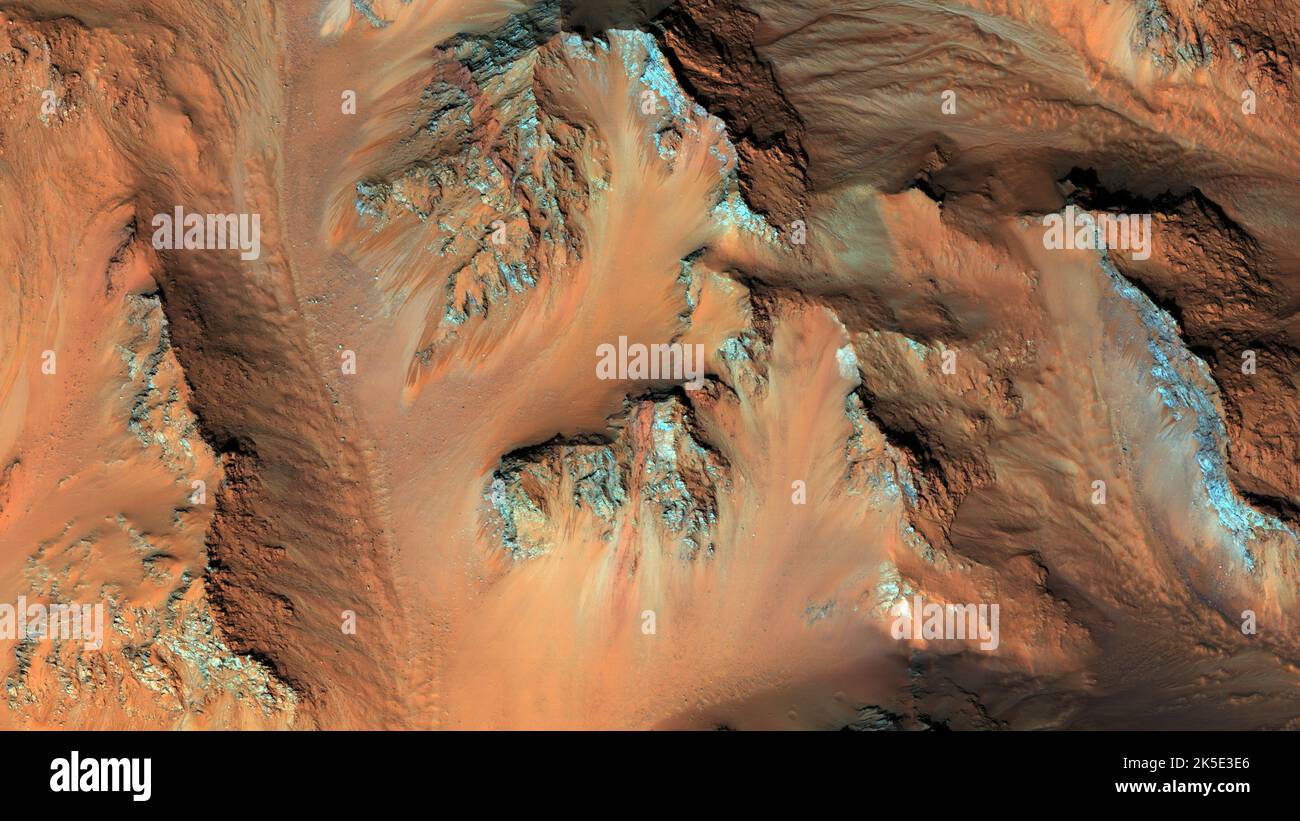 Active Slope Flows on the Central Hills of Hale Crater, Mars. The central hills in Hale Crater, with thousands of seasonal flows on steep slopes below bedrock outcrops, with relatively dark and reddish lines extending onto sediment fans. These lines grow slowly over several months time, fade and disappear in the cold season (southern winter), then reform the next warm season (southern spring and summer). Image is less than 1 km top to bottom and is 254 km (158 mi) above the surface. North is to the left.  An optimised & enhanced version of NASA imagery. Credit: NASA/JPL/UArizona Stock Photo