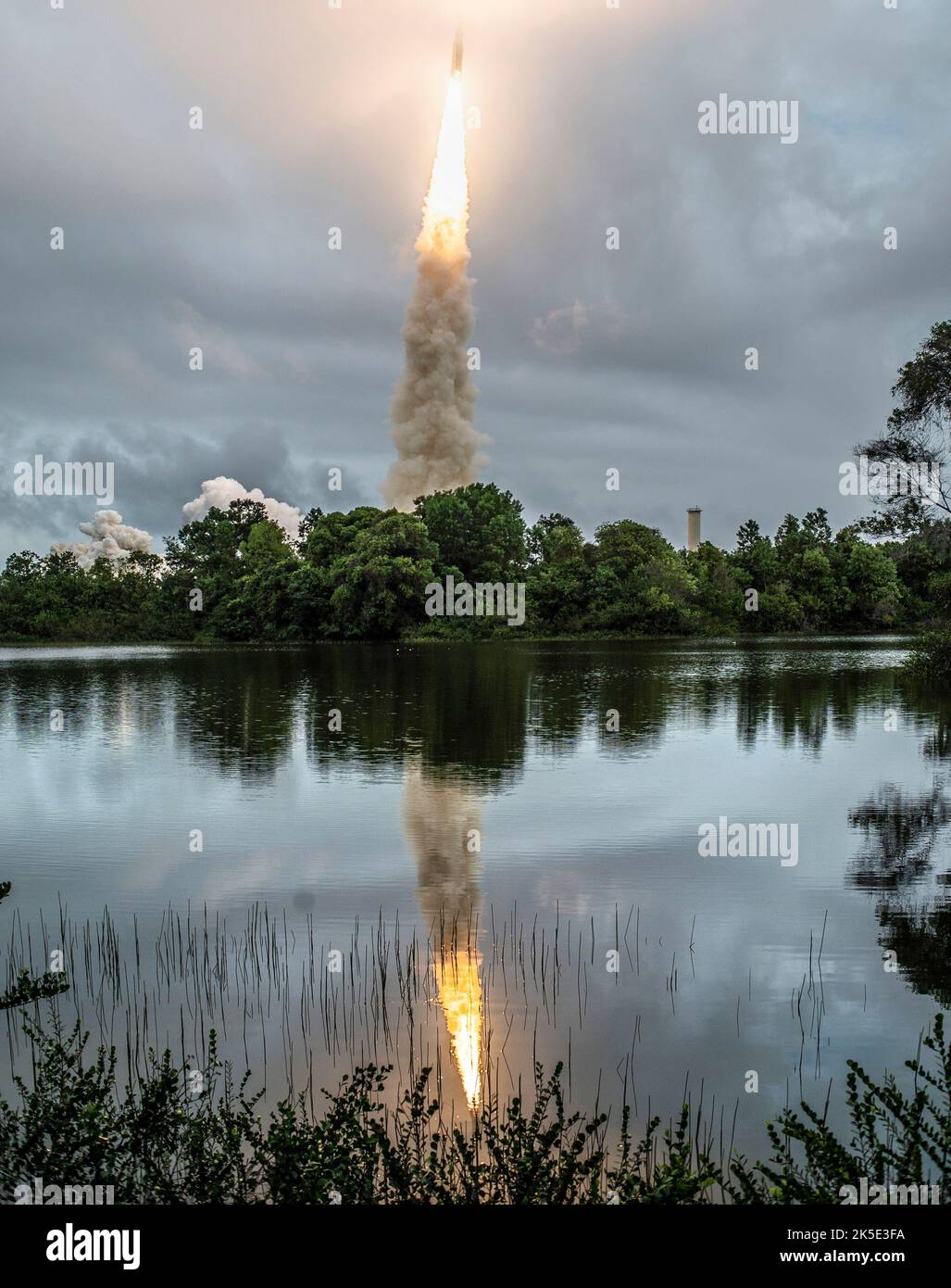 Arianespace's Ariane 5 rocket launches with NASA's James Webb Space Telescope onboard, 25 December 2021, from the ELA-3 Launch Zone of Europe's Spaceport at the Guiana Space Centre in Kourou, French Guiana. The James Webb Space Telescope (JWST or Webb for short) is a large infrared telescope with a 21.3 foot (6.5 meter) primary mirror. The observatory will study every phase of cosmic historyÑfrom within our solar system to the most distant observable galaxies in the early universe.  An optimised version of a NASA image by experienced lead photographer Chris Gunn. Credit: NASA/Chris Gunn. Stock Photo