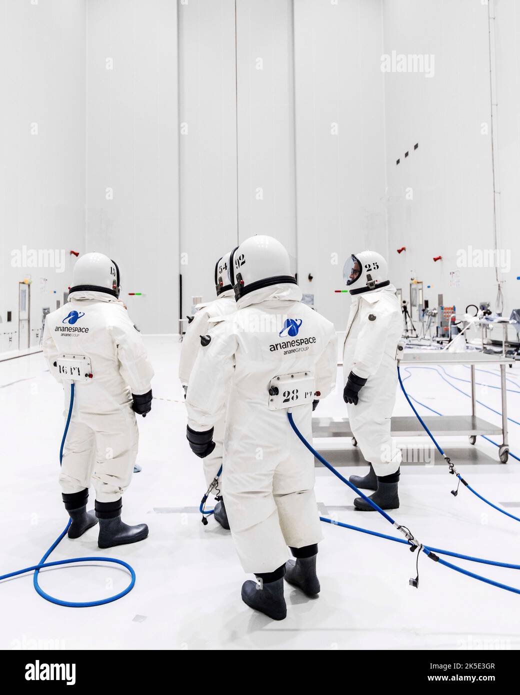 Fuelling Suits. James Webb Space Telescope (JWST) launch preparation at Europe's Spaceport in Kourou, French Guiana. Webb launched on 25 December 2021. This photo the fuelling team wears special hazard suits to protect them while fuelling the Ariane 5 spacecraft.  An optimised version of a NASA image by experienced lead photographer Chris Gunn. Credit: NASA/Chris Gunn. For editorial use only. Stock Photo