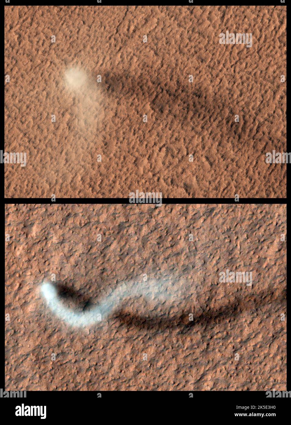 Dust devils on Mars. Dust devils are rotating columns of dust that form around low-pressure air pockets, and are common on both Earth & Mars. These dust devils formed on the dust-covered, volcanic plains of Amazonis Planitia. The dust devil (top) has a core roughly 50m across. The length of the shadow suggests the plume of rises about 650m into the atmosphere. The (lower image) dust devil is serpentine in shape, and its shadow indicates that the dust plume reaches more than 800m, or half a mile in height. An optimised & enhanced version of NASA imagery. Credit: NASA/JPL/UArizona Stock Photo