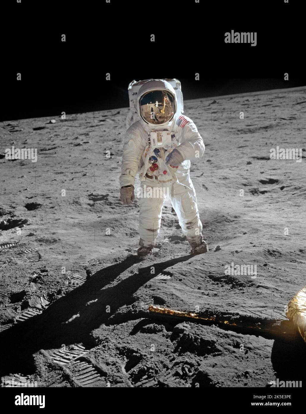 Apollo 11 moon landing. Photograph taken by Neil A. Armstrong of Buzz Aldrin walking on the surface of the Moon. July 20th, 1969. A unique optimised NASA image (with added black vertical space above original square image): Credit: NASA Stock Photo
