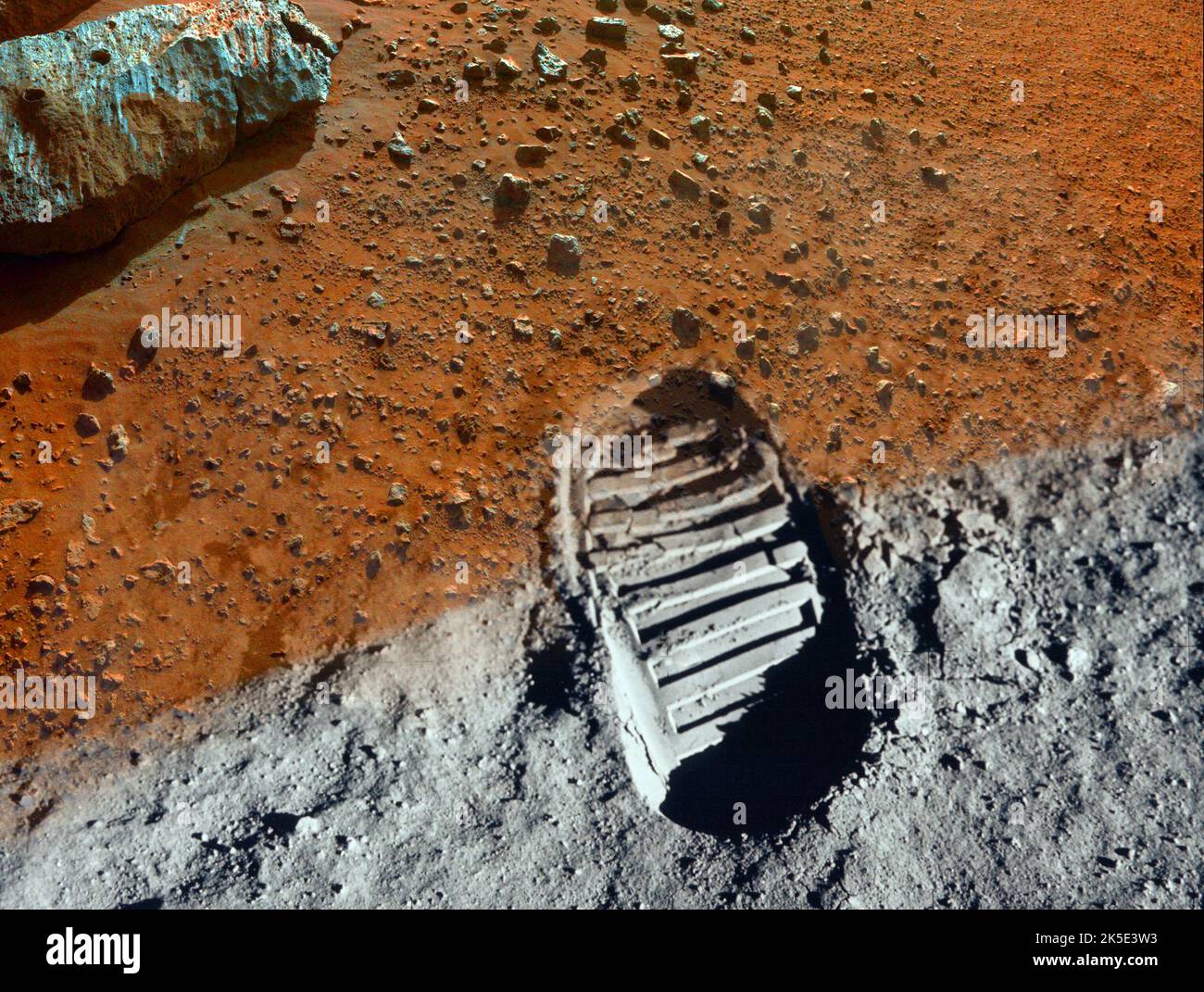 As NASA prepares for a return to the moon ahead of future journeys to mars... an astronaut (Buzz Aldrin)'s bootprint from the Apollo 11 moon landing blended with an image of martian soil.  A n original composite of original NASA images / credit NASA. Stock Photo