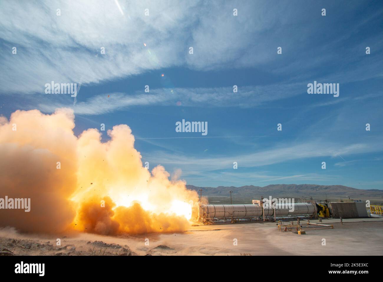 Booster Test for Future Space Launch System Flights. The first solid rocket booster test for Space Launch System (SLS) missions beyond Artemis III is seen here during a two-minute hot fire test, 2 September 2020, at the T-97 Northrop Grumman test facility in Promontory, Utah. The flight support booster is structurally identical to each of the five-segment solid rocket boosters on the SLS rocket and produce more than 75% of the rocket's thrust capability.  Credit: NASA/Northrop Grumman/SMohrman Stock Photo
