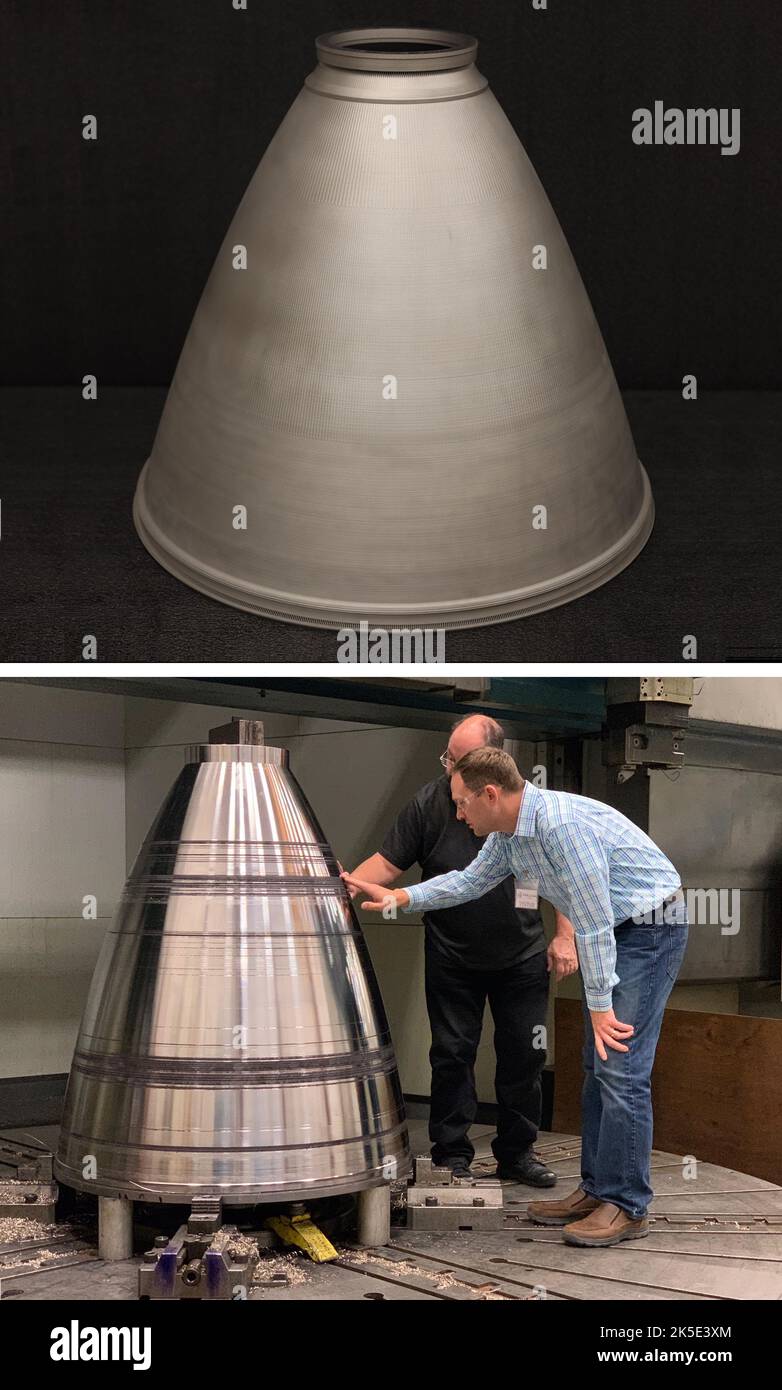 Composite of 2 images of engine design and development. For human exploration of Mars. Experts are pioneering methods to print the rocket parts that could power those journeys.NASA's Rapid Analysis and Manufacturing Propulsion Technology project, or RAMPT, is advancing development of an additive manufacturing technique to 3D print rocket engine parts using metal powder and lasers. Blown powder directed energy deposition can produce large structures such as these engine nozzles cheaper and quicker than traditional fabrication techniques.  Image credit: NASA Stock Photo