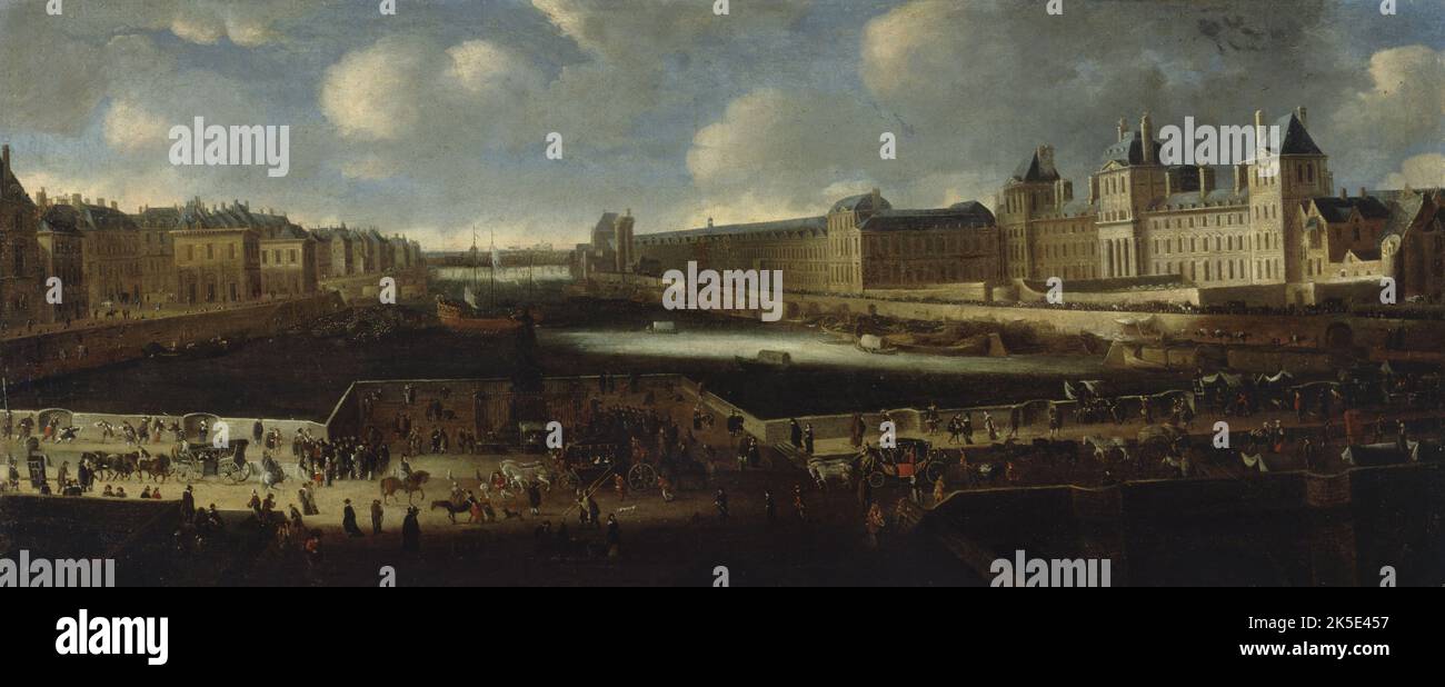 Pont-Neuf, seen from the entrance to Place Dauphine, Quai Malaquais with the Coll&#xe8;ge des Quatre-Nations under construction, the Grande Galerie and the Louvre, around 1665, between 1660 and 1670. Stock Photo