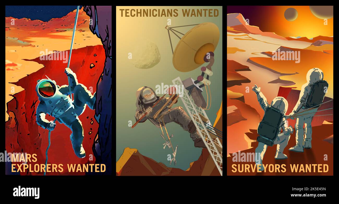 Mars needs YOU! In the future, Mars will need all kinds of explorers, farmers, surveyors, teachers... but most of all YOU! A unique triptych of 3 NASA poster images encouraging an interest in future missions to Mars. 'We Need You. We need many things for our Journey To Mars, but one key piece is YOU!' A unique composite of original NASA images. Credit: NASA. Stock Photo