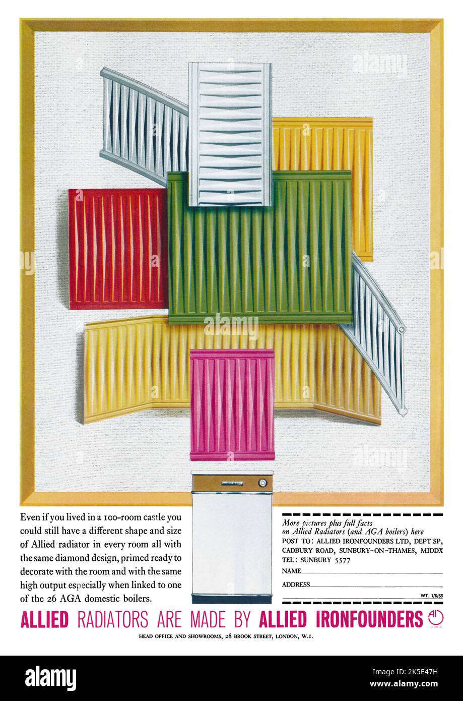 1965 British advertisement for radiators made by Allied Ironfounders. Stock Photo