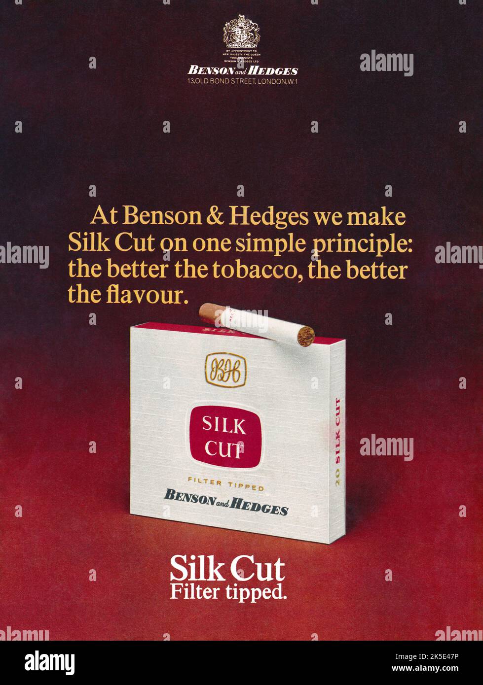 1965 British advertisement for Benson & Hedges filter tipped Silk Cut cigarettes. Stock Photo