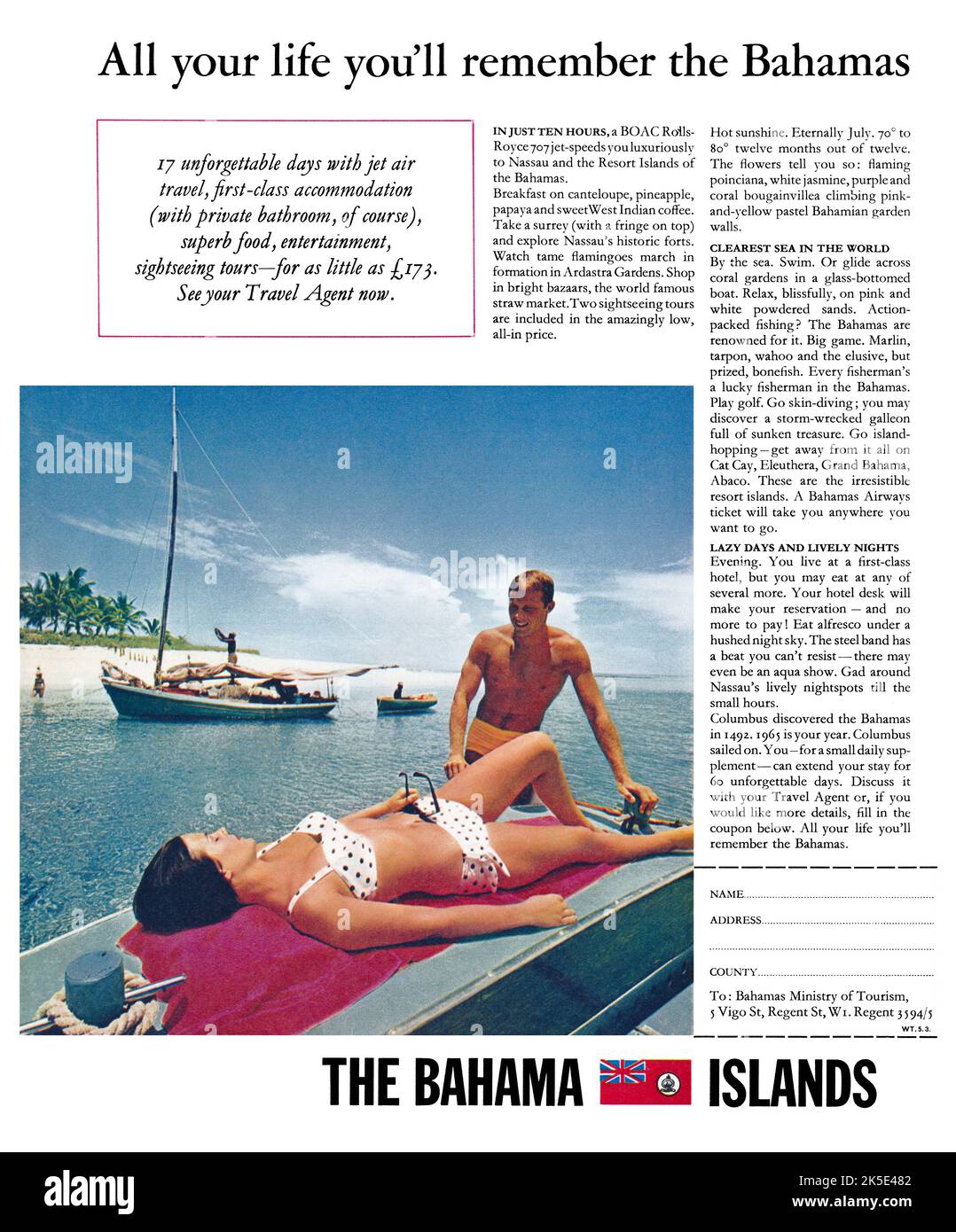 1965 British advertisement for holidays to the Bahamas. Stock Photo