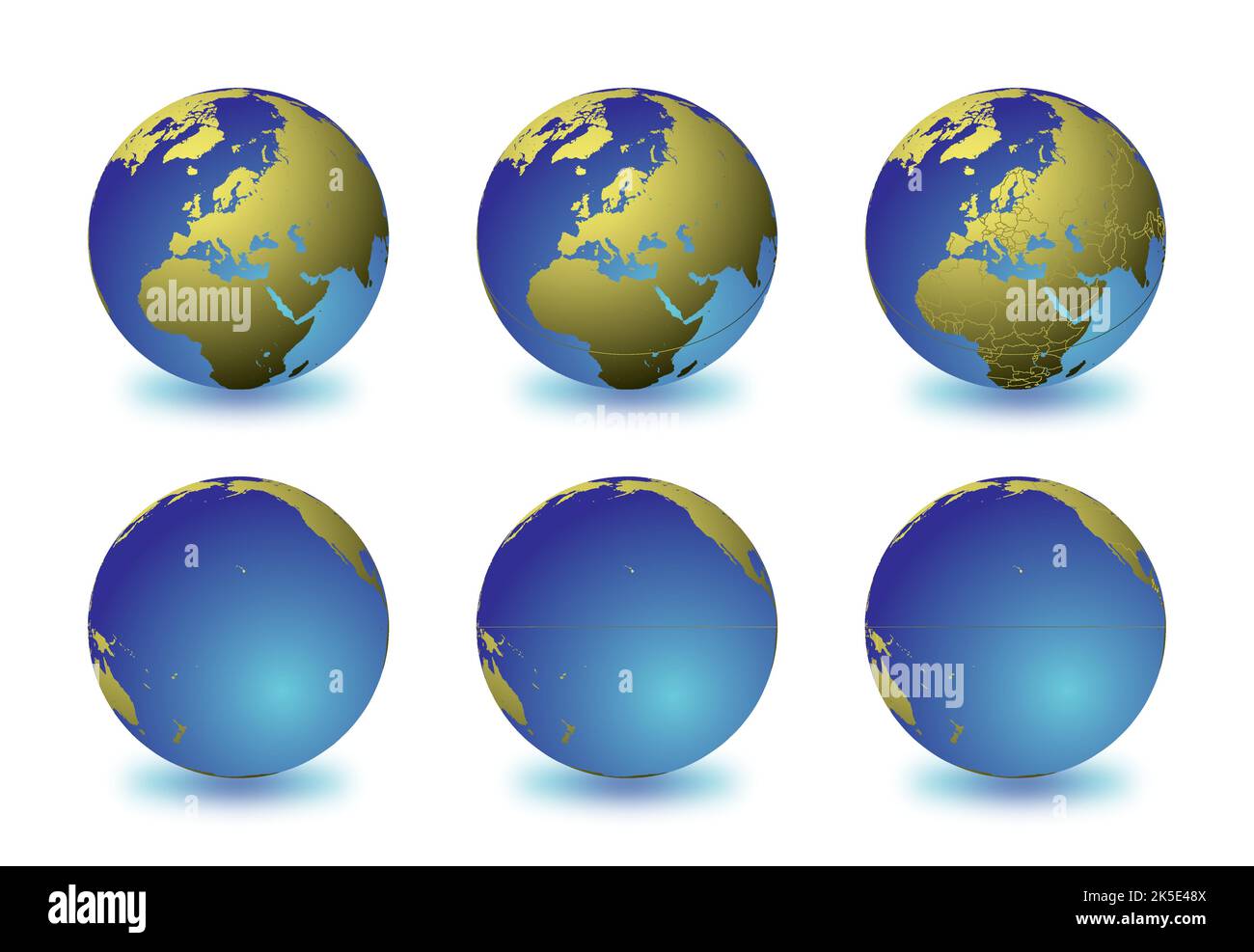 Set of Earth globes focusing on the Europe (top row) and the Pacific Ocean (bottom row). Carefully layered and grouped for easy editing. You can edit Stock Vector