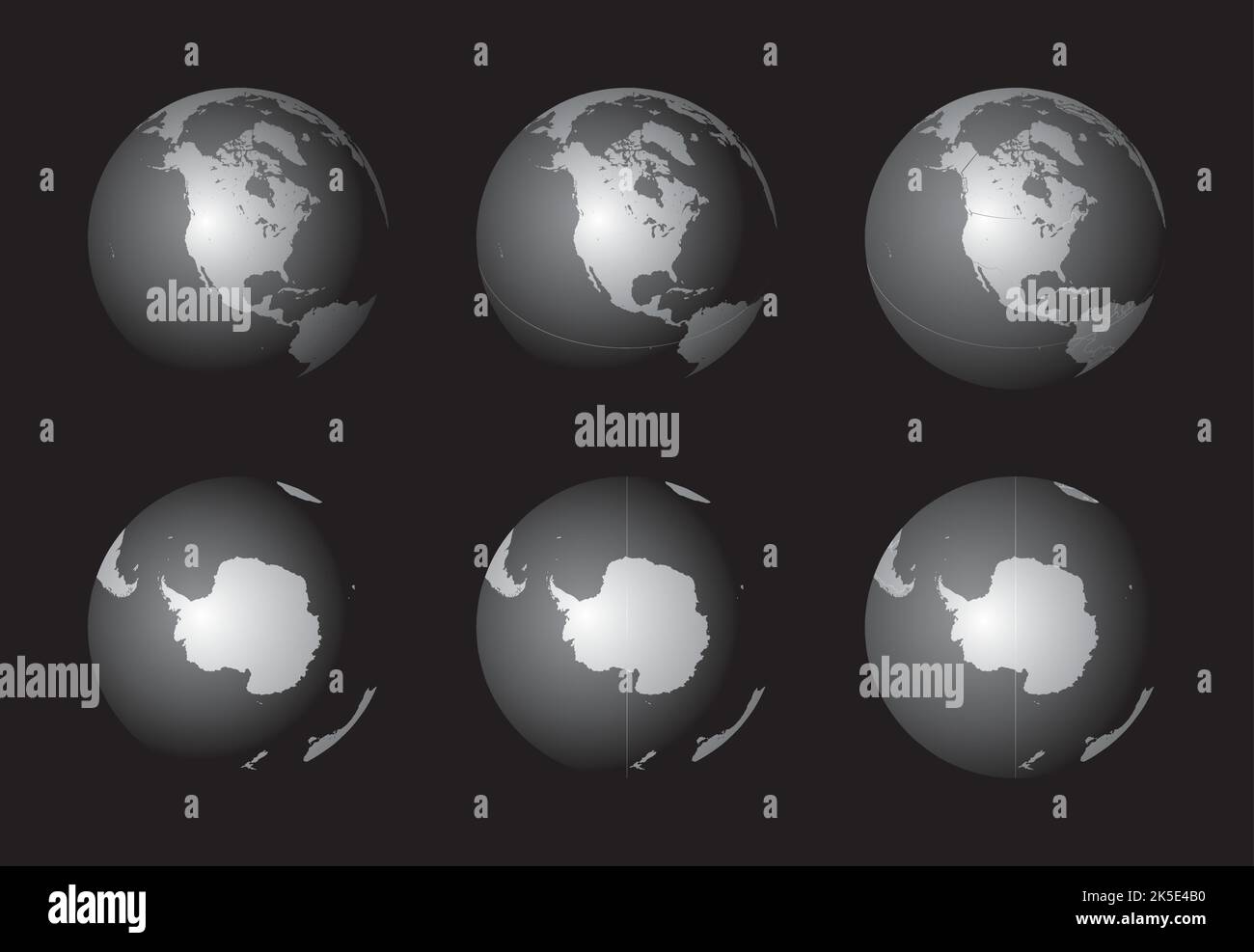 Set of Earth globes focusing on the North America (top row) and the Antarctica (bottom row). Carefully layered and grouped for easy editing. You can e Stock Vector