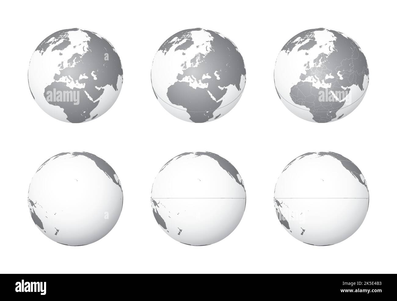 Set of Earth globes focusing on the Europe (top row) and the Pacific Ocean (bottom row). Carefully layered and grouped for easy editing. You can edit Stock Vector